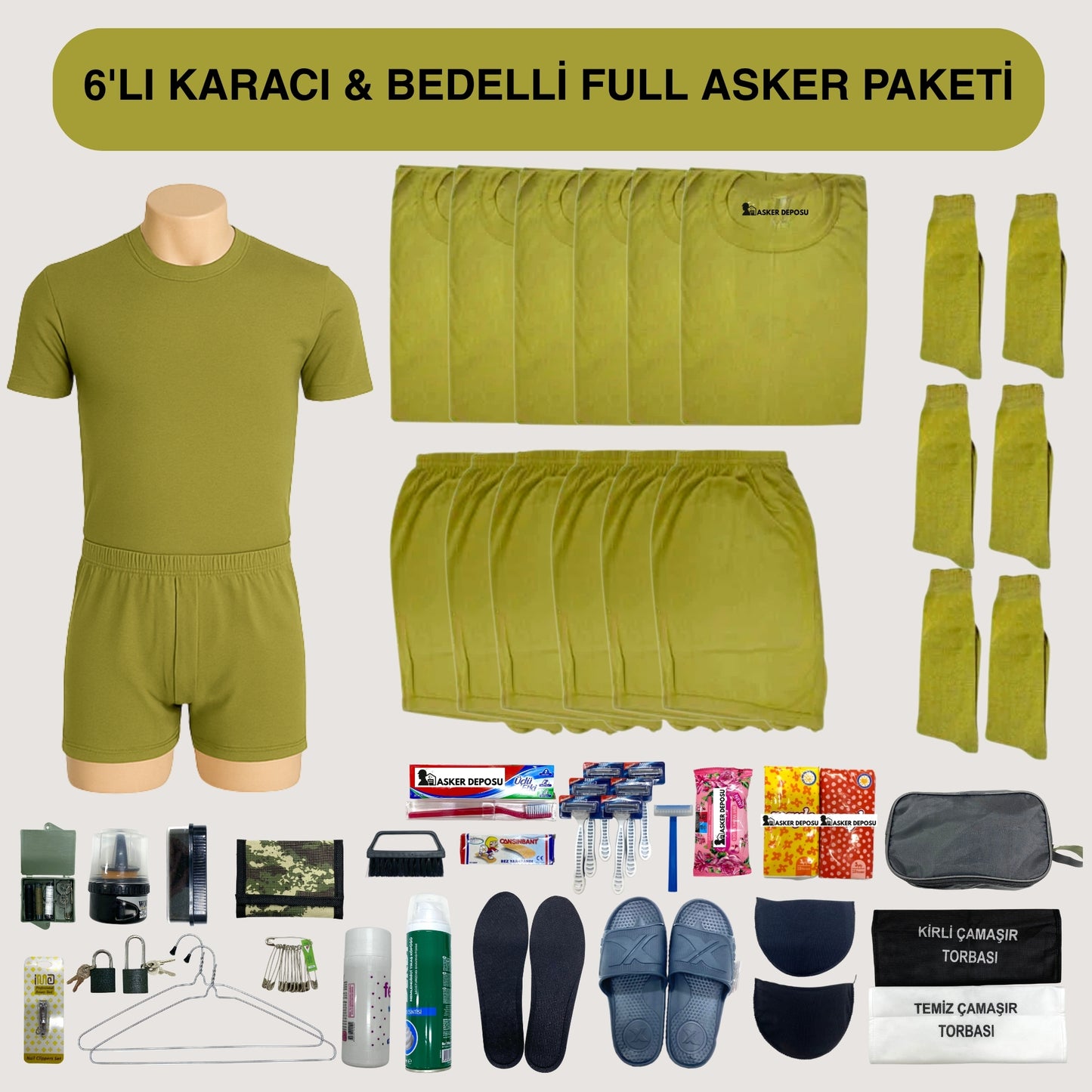 6’lı Karacı Full Asker Paketi (42 Parça) | Bedelli & Acemi Asker Malzemeleri – Asker Deposu